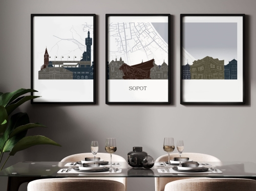 Plakat skylines TRYPTYK Sopot z mapą