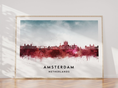 Plakat do salonu skylines Amsterdam Holandia w stylu Watercolor/ Akwarelowym