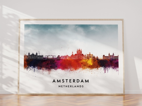 Plakat do salonu skylines Amsterdam Holandia w stylu Watercolor/ Akwarelowym