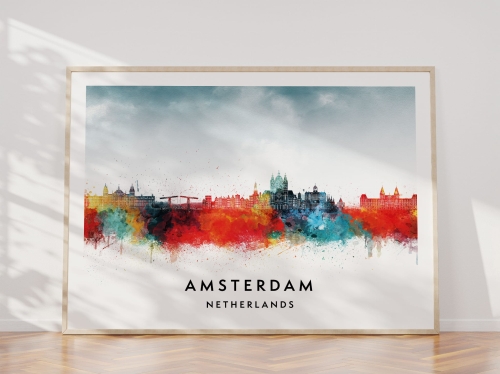 Plakat do salonu skylines Amsterdam Holandia w stylu Watercolor/ Akwarelowym