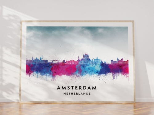 Plakat do salonu skylines Amsterdam Holandia w stylu Watercolor/ Akwarelowym