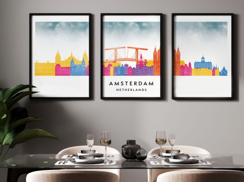 Plakat skylines TRYPTYK Amsterdam w stylu Watercolor/ Akwarelowym