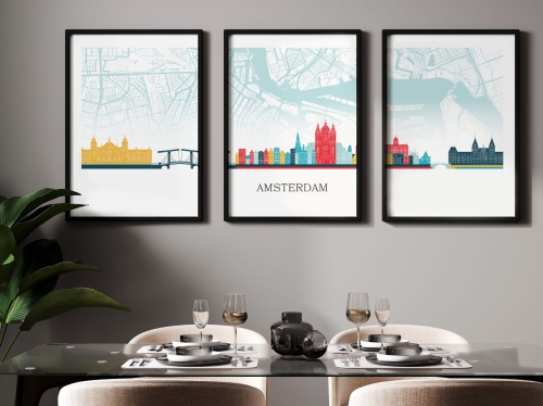 Plakat skylines TRYPTYK Amsterdam z mapą