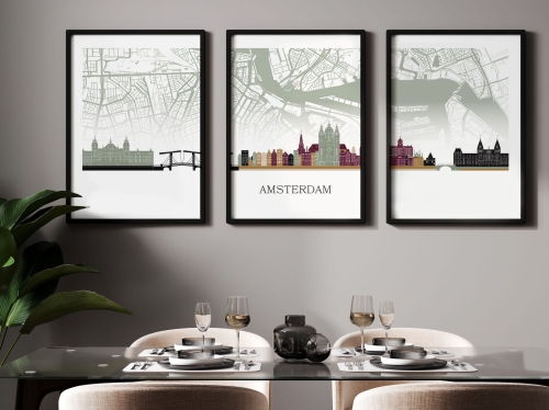 Plakat skylines TRYPTYK Amsterdam z mapą