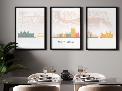 Plakat skylines TRYPTYK Amsterdam z mapą