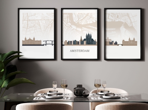 Plakat skylines TRYPTYK Amsterdam z mapą