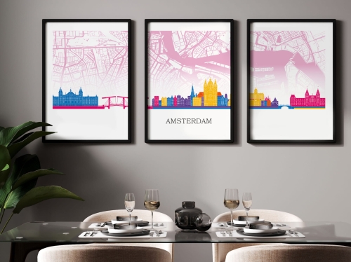 Plakat skylines TRYPTYK Amsterdam z mapą