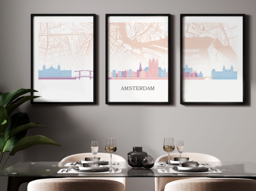 Plakat skylines TRYPTYK Amsterdam z mapą