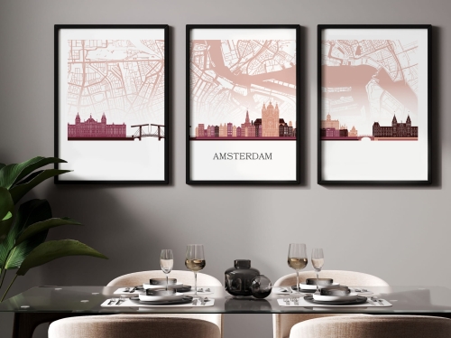 Plakat skylines TRYPTYK Amsterdam z mapą