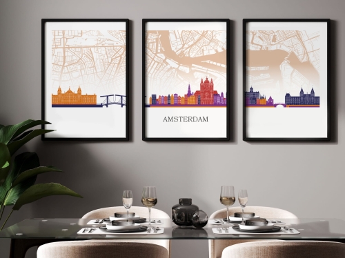 Plakat skylines TRYPTYK Amsterdam z mapą