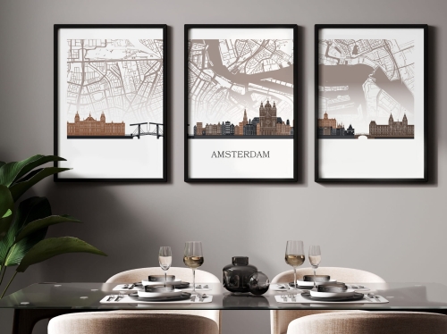 Plakat skylines TRYPTYK Amsterdam z mapą