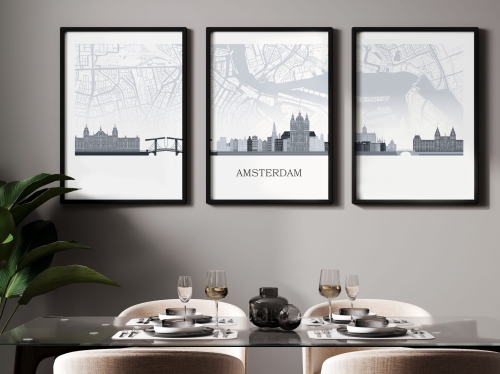 Plakat skylines TRYPTYK Amsterdam z mapą