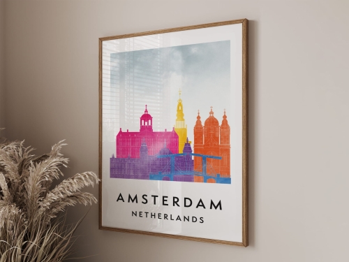 Plakat do salonu skylines Amsterdam  stylu Watercolor/ Akwarelowym