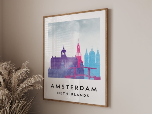 Plakat do salonu skylines Amsterdam  stylu Watercolor/ Akwarelowym