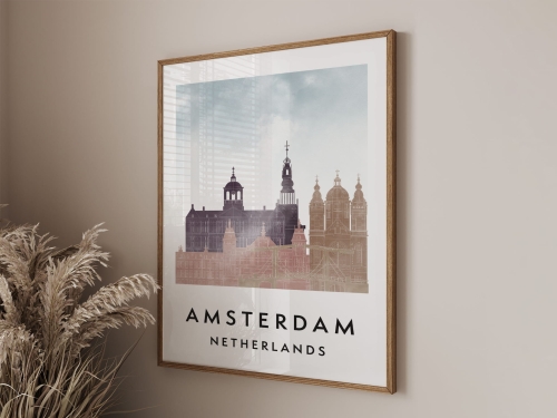 Plakat do salonu skylines Amsterdam  stylu Watercolor/ Akwarelowym