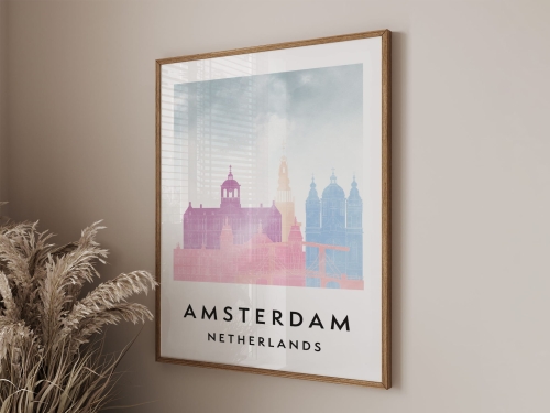 Plakat do salonu skylines Amsterdam  stylu Watercolor/ Akwarelowym