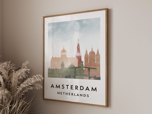 Plakat do salonu skylines Amsterdam  stylu Watercolor/ Akwarelowym