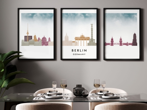 Plakat skylines TRYPTYK Berlin w stylu Watercolor/ Akwarelowym