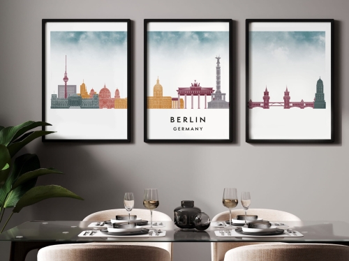Plakat skylines TRYPTYK Berlin w stylu Watercolor/ Akwarelowym