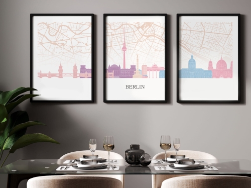 Plakat skylines TRYPTYK Berlin z mapą