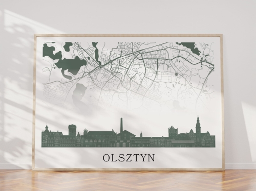 Plakat do salonu skylines Olsztyn z mapą