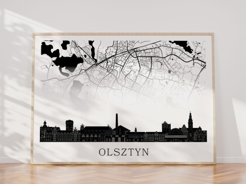 Plakat do salonu skylines Olsztyn z mapą