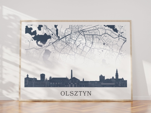 Plakat do salonu skylines Olsztyn z mapą