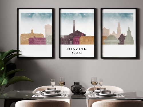 Plakat skylines TRYPTYK Olsztyn w stylu Watercolor/ Akwarelowym
