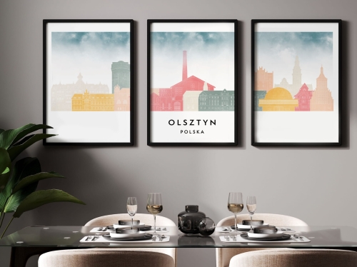 Plakat skylines TRYPTYK Olsztyn w stylu Watercolor/ Akwarelowym