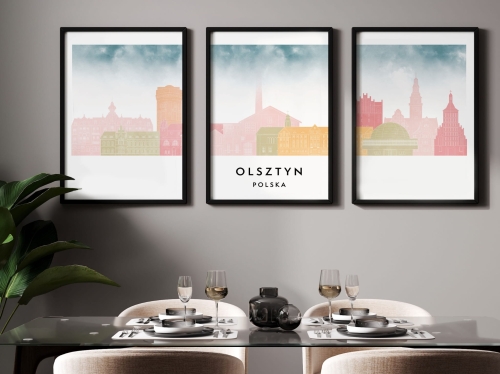 Plakat skylines TRYPTYK Olsztyn w stylu Watercolor/ Akwarelowym