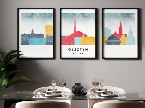 Plakat skylines TRYPTYK Olsztyn w stylu Watercolor/ Akwarelowym