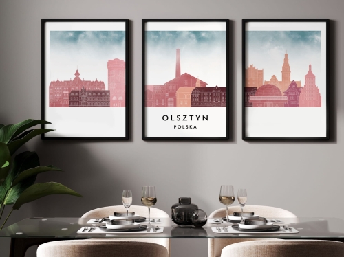 Plakat skylines TRYPTYK Olsztyn w stylu Watercolor/ Akwarelowym