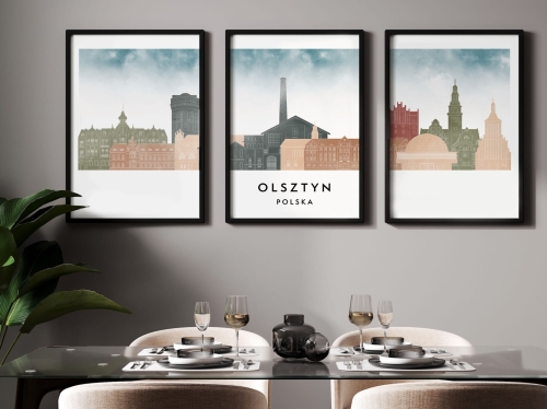 Plakat skylines TRYPTYK Olsztyn w stylu Watercolor/ Akwarelowym