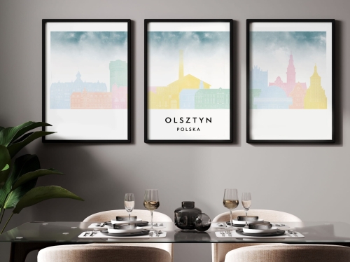 Plakat skylines TRYPTYK Olsztyn w stylu Watercolor/ Akwarelowym
