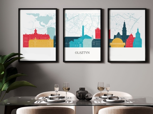 Plakat skylines TRYPTYK Olsztyn z mapą