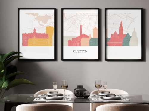 Plakat skylines TRYPTYK Olsztyn z mapą