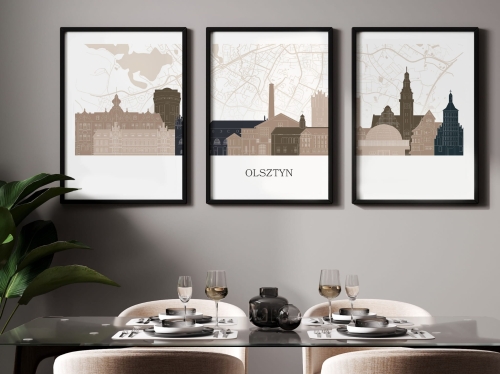 Plakat skylines TRYPTYK Olsztyn z mapą