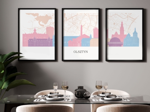 Plakat skylines TRYPTYK Olsztyn z mapą