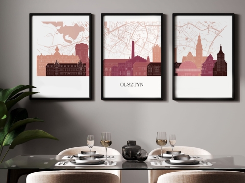 Plakat skylines TRYPTYK Olsztyn z mapą