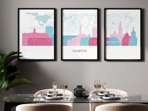 Plakat skylines TRYPTYK Olsztyn z mapą