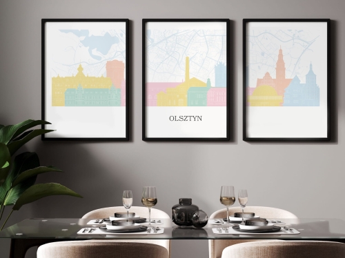 Plakat skylines TRYPTYK Olsztyn z mapą