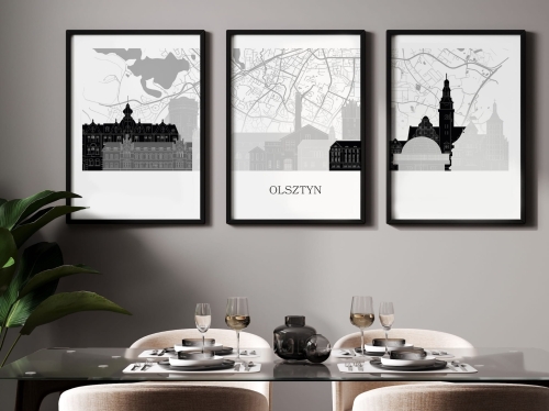 Plakat skylines TRYPTYK Olsztyn z mapą
