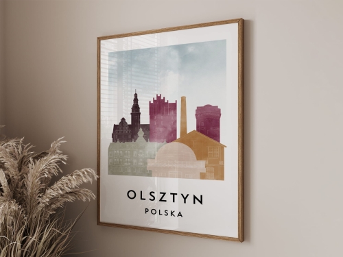 Plakat do salonu skylines Olsztyn stylu Watercolor/ Akwarelowym