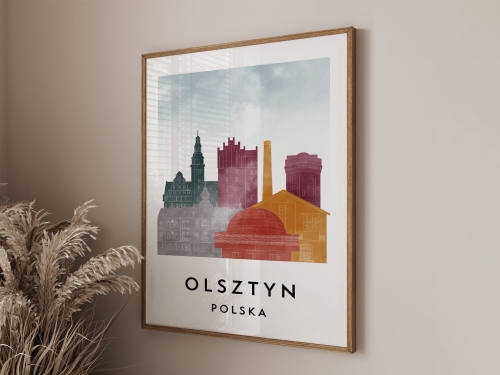 Plakat do salonu skylines Olsztyn stylu Watercolor/ Akwarelowym