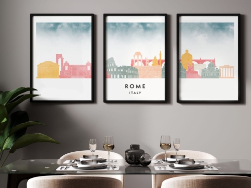 Plakat skylines TRYPTYK Rome Rzym w stylu Watercolor/ Akwarelowym