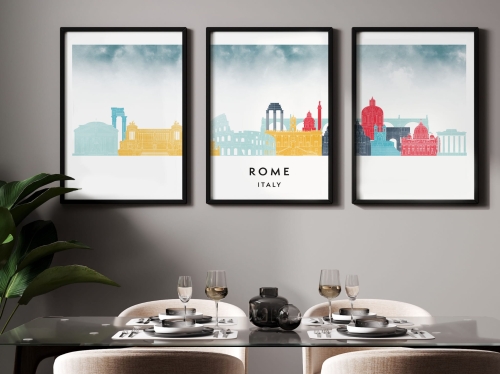 Plakat skylines TRYPTYK Rome Rzym w stylu Watercolor/ Akwarelowym