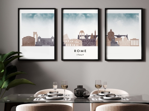 Plakat skylines TRYPTYK Rome Rzym w stylu Watercolor/ Akwarelowym