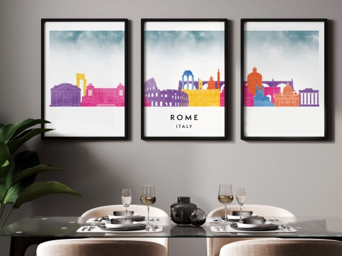 Plakat skylines TRYPTYK Rome Rzym w stylu Watercolor/ Akwarelowym