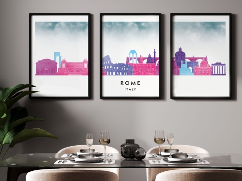 Plakat skylines TRYPTYK Rome Rzym w stylu Watercolor/ Akwarelowym