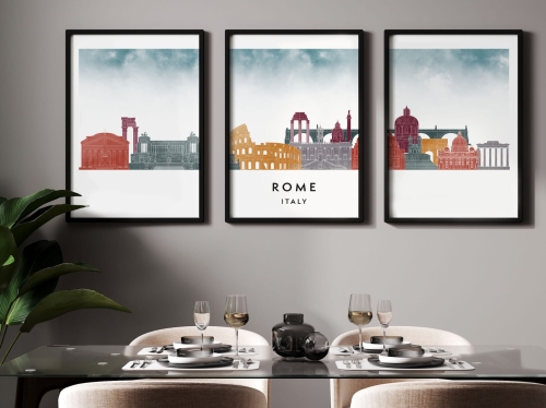 Plakat skylines TRYPTYK Rome Rzym w stylu Watercolor/ Akwarelowym